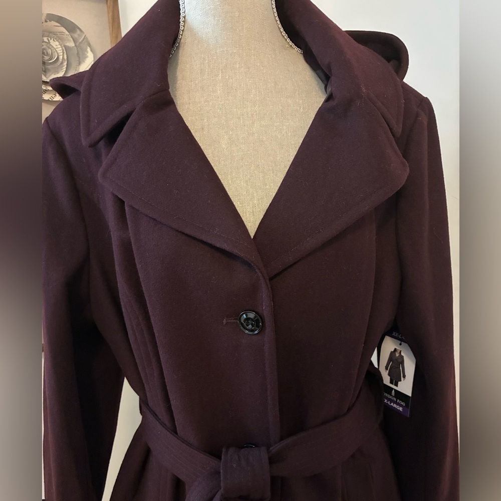 London Fog NWT Coat Wool Blend Belted Burgundy Purple Hooded Sz XXL - Picture 4 of 8